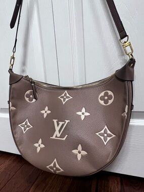 Inspired taupe and cream Monogram Crescent Shoulder Bag
